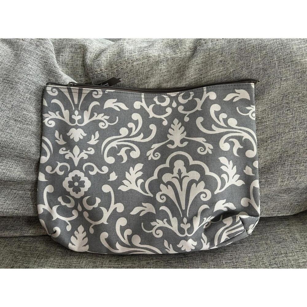 Thirty One Large Zipper Pouch In Brown Damask Pattern 12.5”x10”